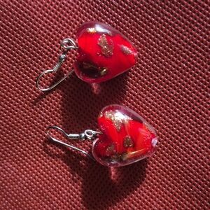 Lampwork Blown Glass Puff Heart-Shaped Red  Gold Copper Earrings